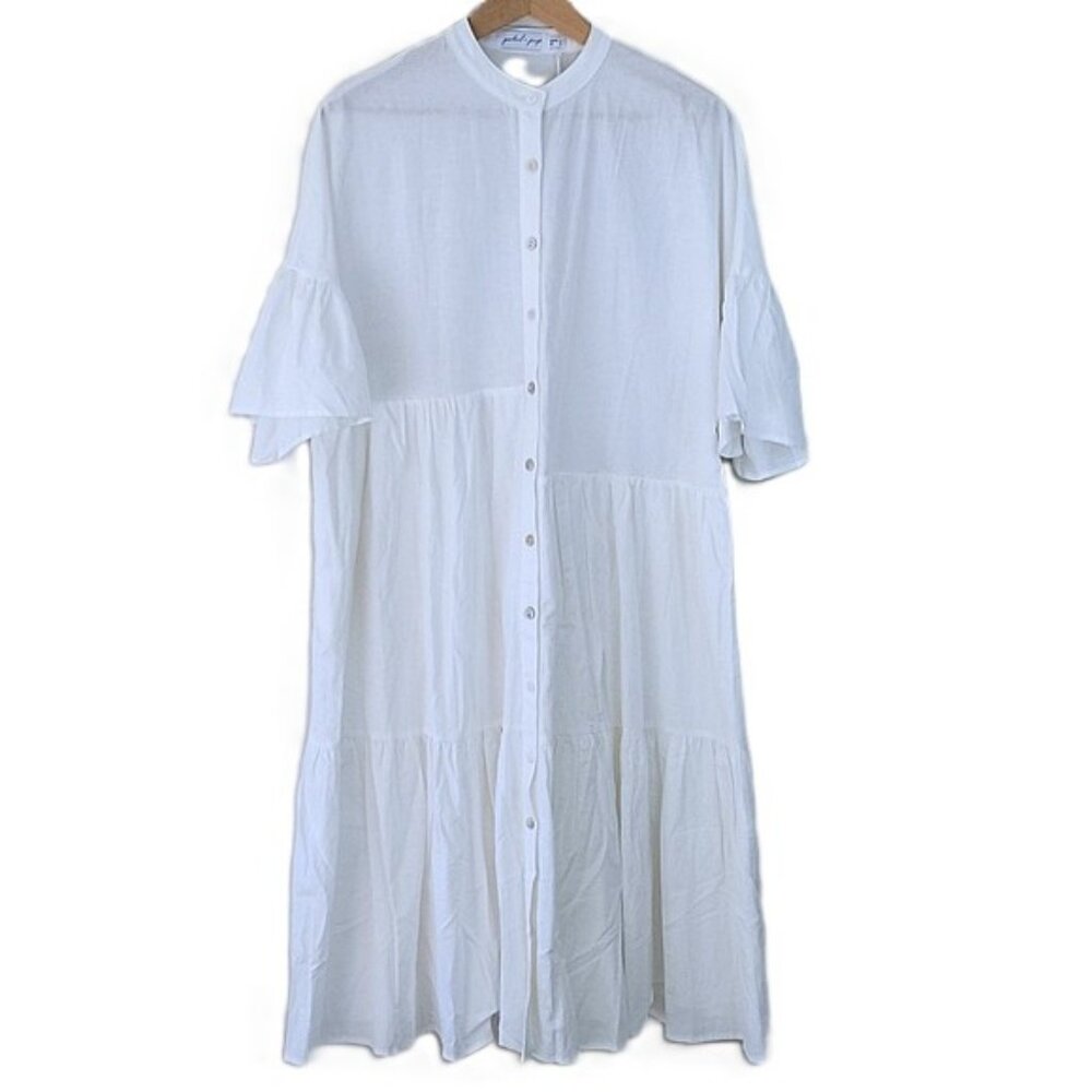Petal & Pup White Short Sleeve Ruffle Tiered Midi Dress size 2 Button Front Boho